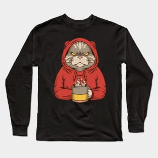 Angry cat with hoodie and coffee Long Sleeve T-Shirt